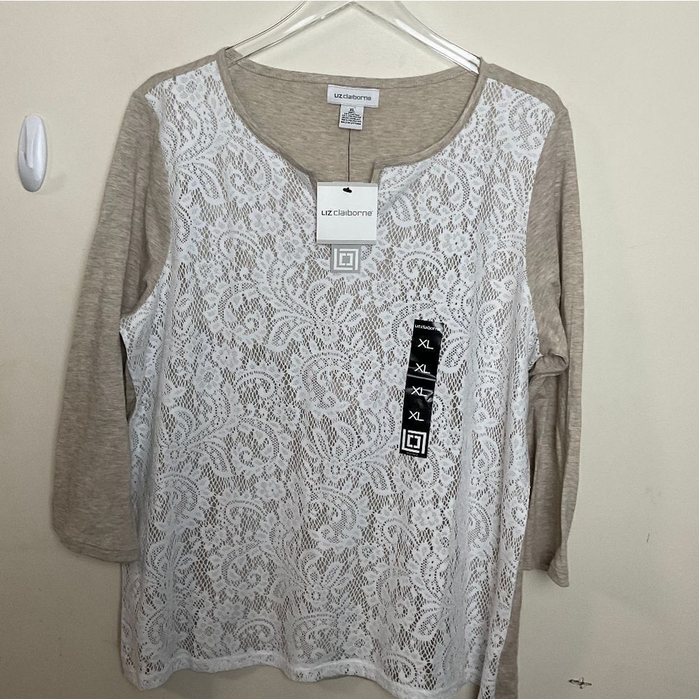 Liz Claiborne Khaki Color Block 3/4 Sleeve Blouse XL NWT